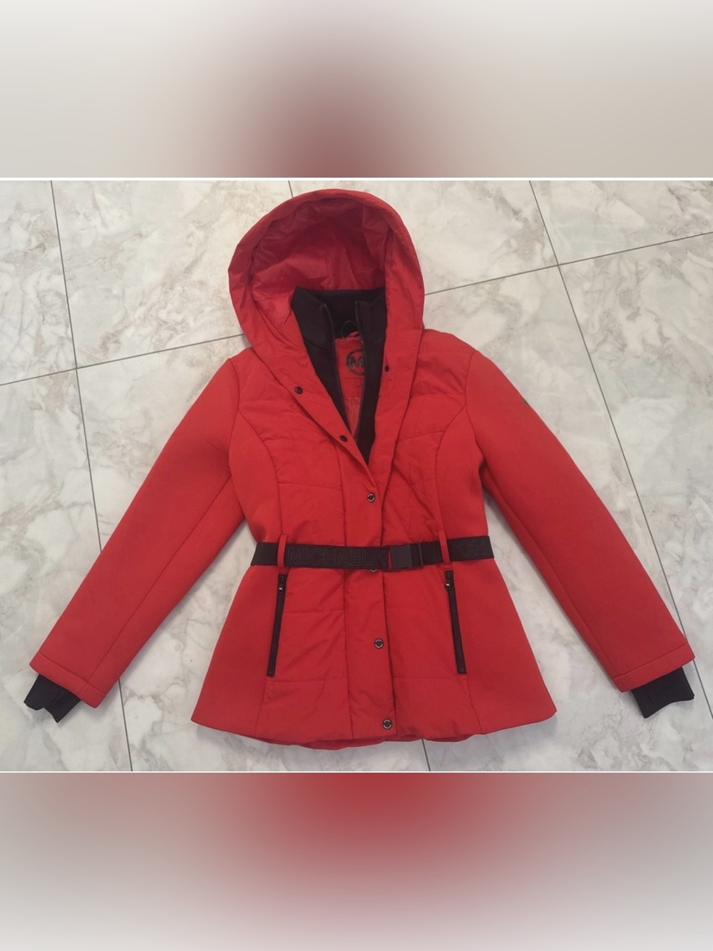 Michael Kors Neoprene Puffer Coat Womens Large Red Jacket Hood Black Waist Belt